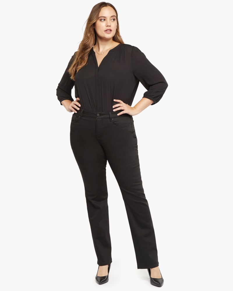 Front of a model wearing a size 14 Marilyn Slim Flare Jean in Black by NYDJ. | dia_product_style_image_id:170763